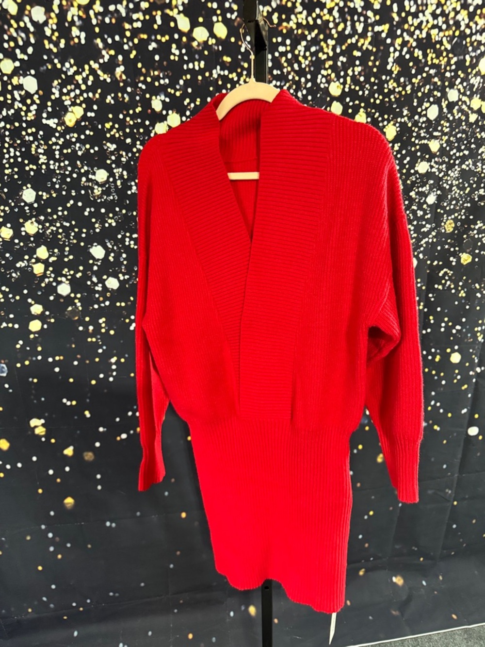 Commense Red Shawl-Collar Ribbed Women's Sweater Dress XS NWT